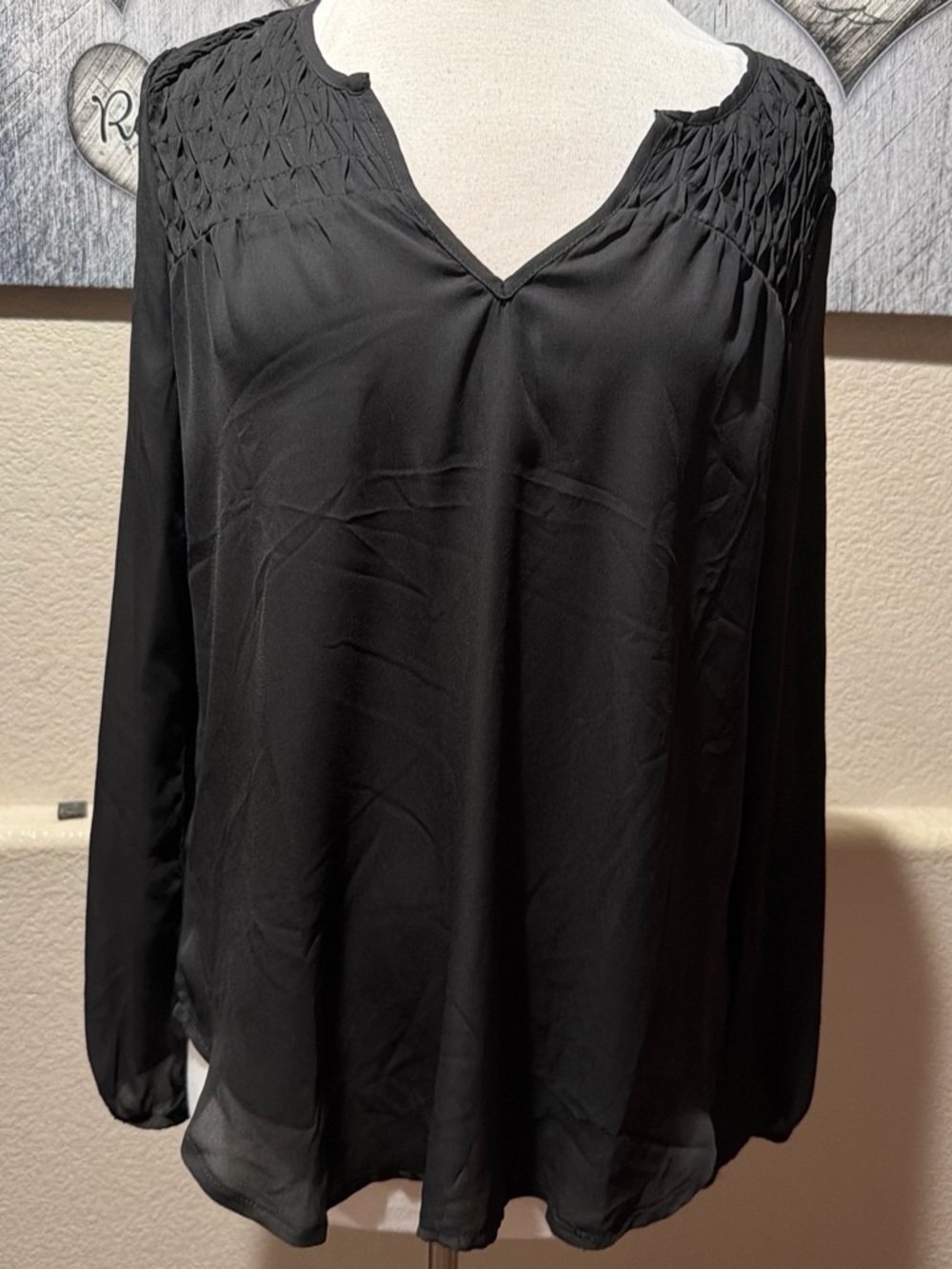 G by Guess Black Long-Sleeve Smocked Yoke Blouse